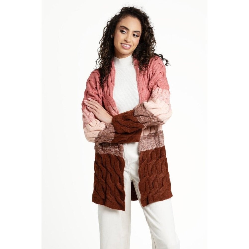 SAACHI Cable Knit Color Block Cardigan (OS/ One Size) Pink Cream Brown Oversized